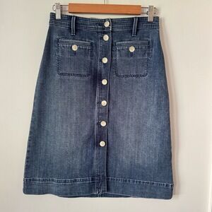 Talbots Petite Button-Front‎ Denim Skirt Petite 2 Retro Pocket Y2K Jean Boho 70s
